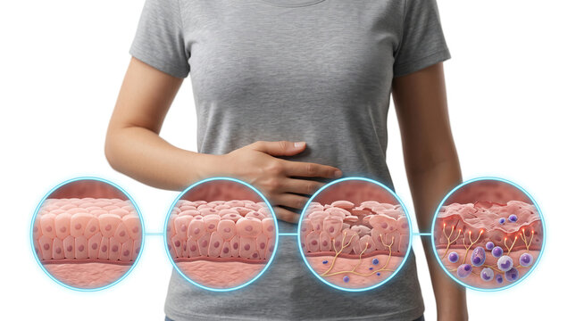 Ulcerative Colitis Inflammatory Bowel Disease Colon Inflammation Colitis, Medical illustration showing progressive ulceration inflammation and damage of the colon lining