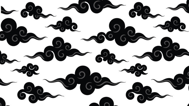 Traditional Asian black cloud pattern vector illustration featuring oriental Japanese and Chinese style swirly clouds