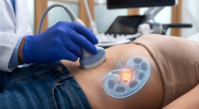 Kidney Ultrasound Examination with Anatomical Overlay Showing Renal Anatomy and Urinary System Assessment