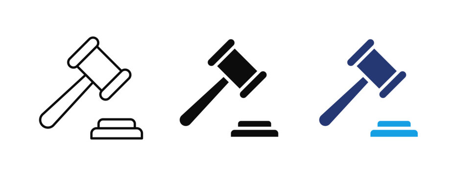Judge Gavel Auction Hammer Line Icons Set, Justice, Court, Legal, Law, Verdict, Outline, Glyph and Color Vector Collection