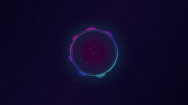 Glowing circular audio equalizer and music spectrum reacting on dark grid