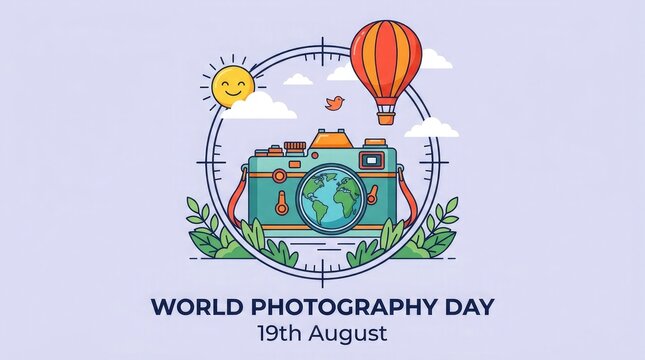 Creative illustration celebrating world photography day with a vintage camera design surrounded by travel elements and artistic icons for social media