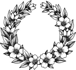 Obraz premium Floral wreath sketch circular frame of blooming flowers and leaves hand drawn botanical design for decoration and invitations