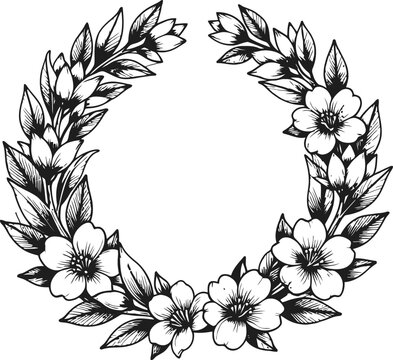 Floral wreath sketch circular frame of blooming flowers and leaves hand drawn botanical design for decoration and invitations