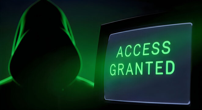 Anonymous hacker in hood with glowing screen showing access granted during cyber security breach concept with green lighting