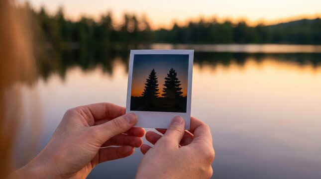 A person holding a vintage instant photo of a scenic lake landscape at sunset to celebrate world photography day in nature