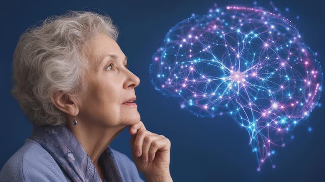 Thoughtful senior woman looking at glowing neural network brain silhouette. Concept of cognitive health and memory preservation in elderly. Lockdown medium shot.