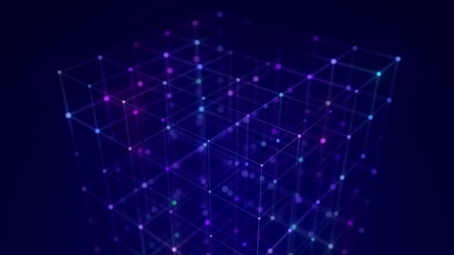 Abstract 3D data cube made of glowing purple and blue connection lines on a dark background. Futuristic technology animation for digital network, data structure, virtual grid and cyber interface desig