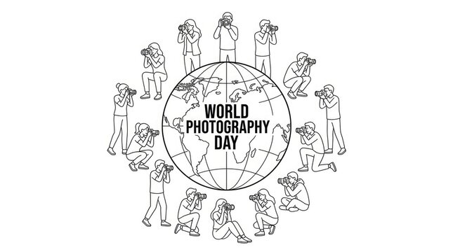 Creative hand drawn illustration celebrating world photography day featuring various camera equipment and artistic elements arranged in a circular composition design