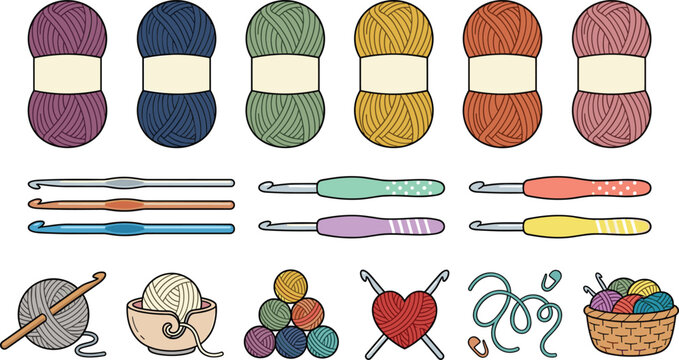 Crochet Hook and Yarn Skein Collection with Colorful Wool Balls, Knitting Accessories, DIY Craft Supplies, and Handmade Needlework Elements