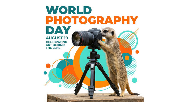 A cute meerkat standing on a wooden pedestal looking through a professional camera on a tripod for world photography day celebration