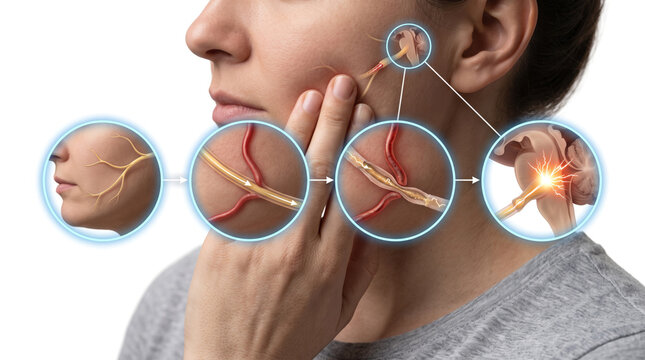 Trigeminal Neuralgia Facial Pain Trigeminal Nerve Compression Neuropathic Pain, Medical illustration showing vascular nerve compression causing chronic facial nerve pain
