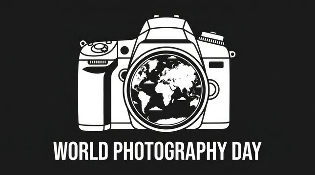 A creative black and white illustration of a camera with a world map inside the lens for world photography day celebration