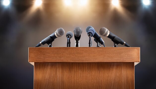 multiple microphones on wooden podium ready for press conference or public speech with neutral background and lighting