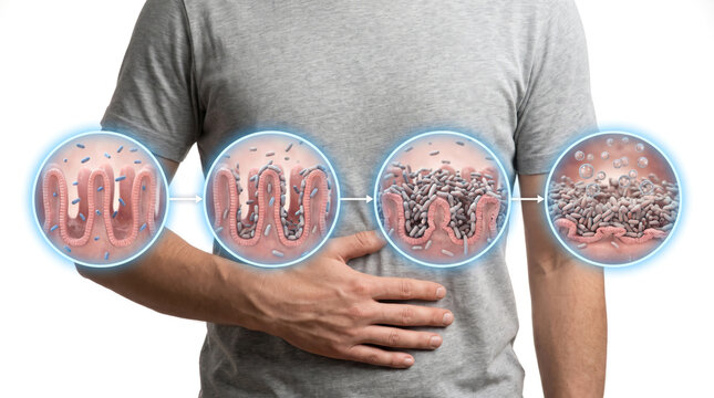 Colon Health Gut Microbiome, Medical illustration showing intestinal lining bacteria imbalance and digestive system disorder concept