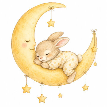 A cute rabbit sleeping on a crescent moon with stars hanging.