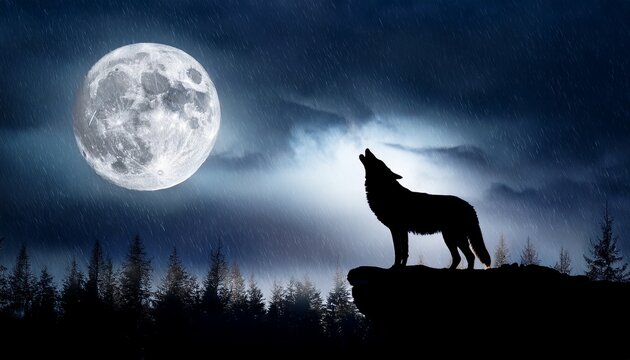 a lone wolf howls at the moon on a stormy night