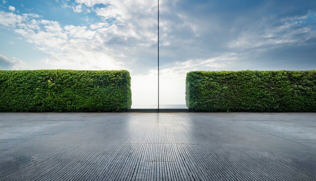 glass partition divides a smooth concrete floor from a small patch of green hedges under a cloudy sky