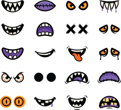 Halloween monster face creator kit vector icon set with spooky cartoon eyes mouths teeth smiles and expressions for pumpkin carving or character design