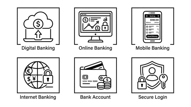 Digital Banking and Finance Line Icon Set for Online Services