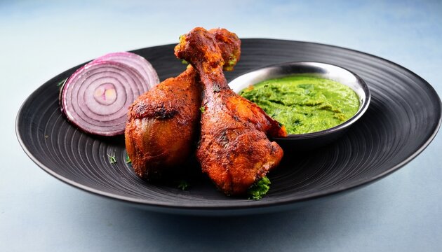 tandoori chicken drumsticks with green chutney and onion
