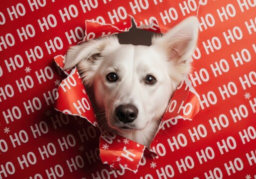 A cute white dog peeks through torn wrapping paper with a festive ho ho ho pattern, embodying christmas spirit and surprise