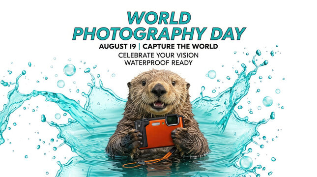 Creative illustration of a cute otter holding a camera celebrating world photography day with artistic water splashes on a white background