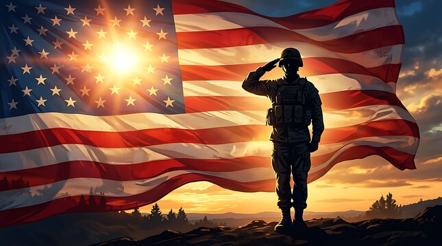 Silhouette of a soldier saluting against a large american flag at sunset honoring military service and patriotism
