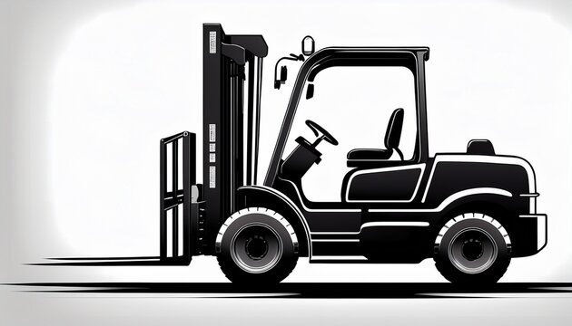 black silhouette of a heavy industrial forklift vehicle isolated on a plain white background