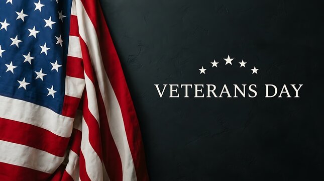 A draped united states flag on a dark background with the text veterans day for patriotic holiday celebration
