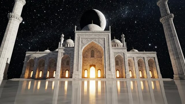 Taj Mahal monument under starry night sky with glowing interior lights. White marble architecture reflected on polished floor. Concept of travel, spirituality, India heritage, luxury tourism.