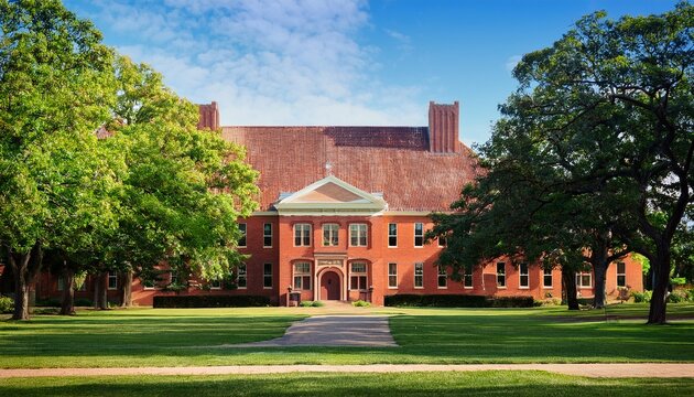 college building stands in the middle of a peaceful campus with green trees surrounding the red brick exterior