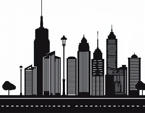 black silhouette of a city skyline with various tall buildings skyscrapers and street lamps d