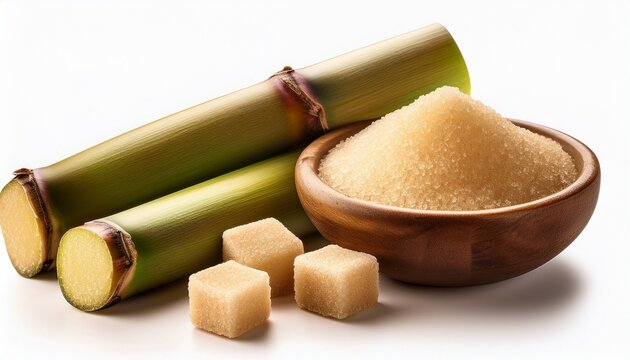 sugarcane stalks and sugar cubes with a bowl of granulated sugar