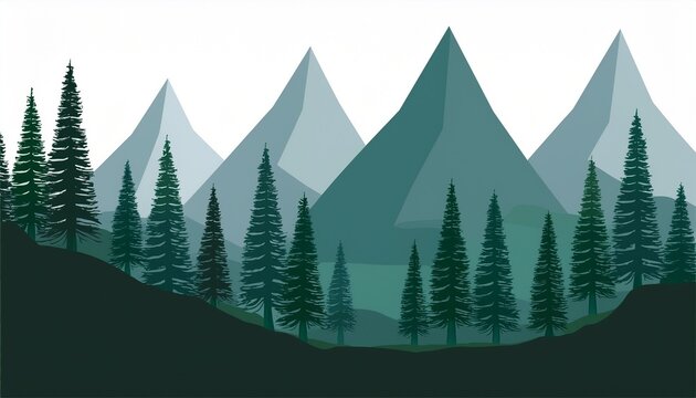 stylized mountain landscape with pine trees in the foreground on a white background area peaks des