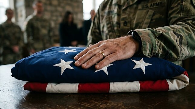 A military service member in uniform rests their hand on a folded american flag during a solemn ceremony