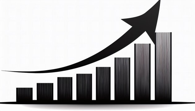 bold black silhouette of a rising bar chart graph with an upward trending arrow on white growth