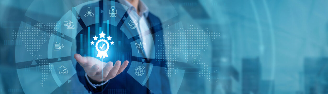 Algorithm engineer testing scripts holding a hand console. Recommendation tailored flow on global network machine learning architectures. Smart marketing engines predicting consumer purchases.