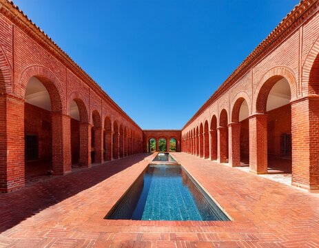 red brick courtyard displays long arched hallways leading to a central water feature under a clear blue sky