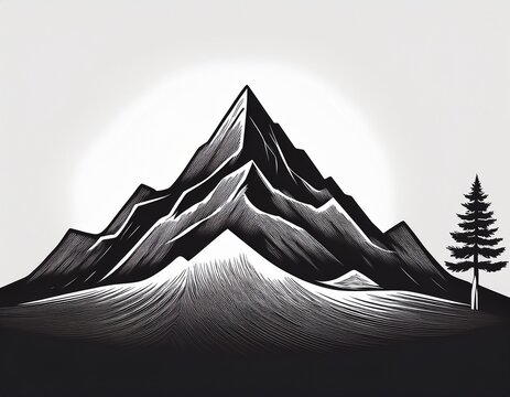 stylized black and white mountain landscape with a single pine tree isolated peak
