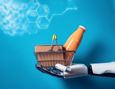 robotic hands holding shopping basket with bottle and carton symbolizing e commerce retail innovation in futuristic technology and automation