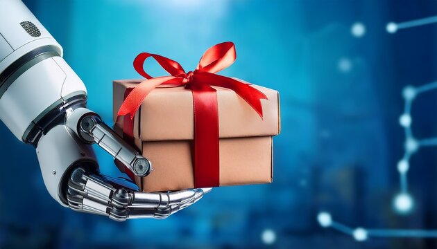 robotic arm holding gift box with red ribbon symbolizing e commerce retail innovation and automated packaging for modern shopping experience