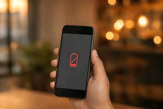 Hand holding a black smartphone displaying a red low battery icon on screen with a warm blurred bokeh lights background