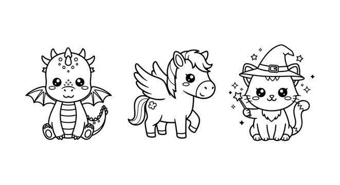Cartoon dragon pony and wizard kitten outlines.