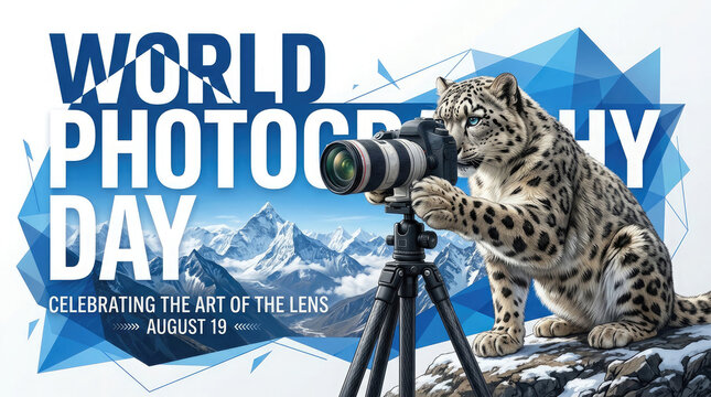 A creative illustration of a snow leopard taking photographs with a professional camera to celebrate the annual world photography day event