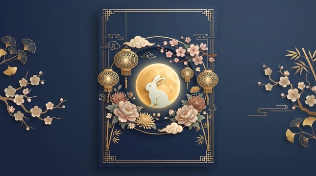 Mid Autumn Festival poster templates vector. Asian moon celebration designs with rabbit, lantern, clouds and floral elements for greeting card, banner, invitation and social media.