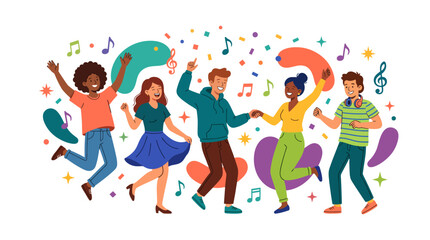 Fototapeta premium Diverse group of young multiracial friends dancing and having fun together at a party with music notes