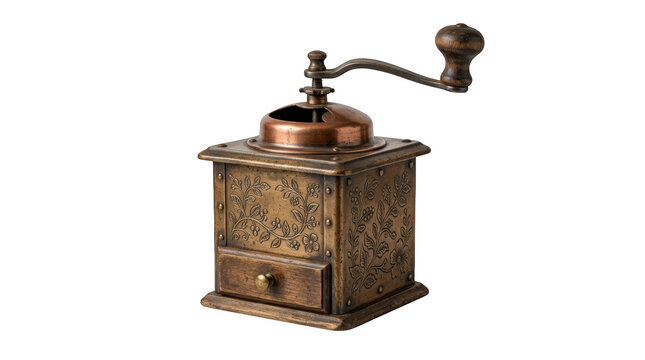 Vintage manual coffee grinder with floral engravings isolated on transparent background