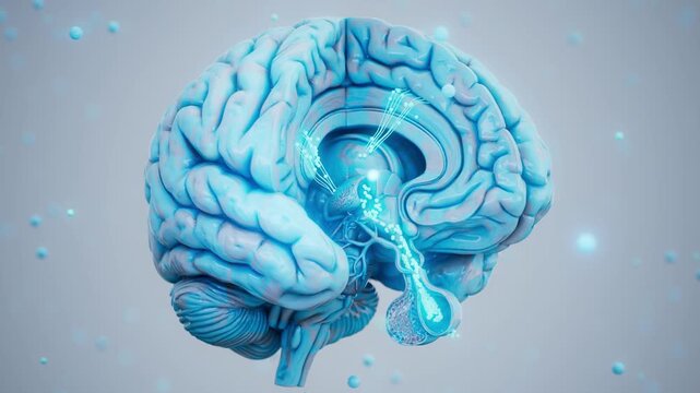 Conceptual 3D animation of a brain cross section with hypothalamic-pituitary axis hormones
