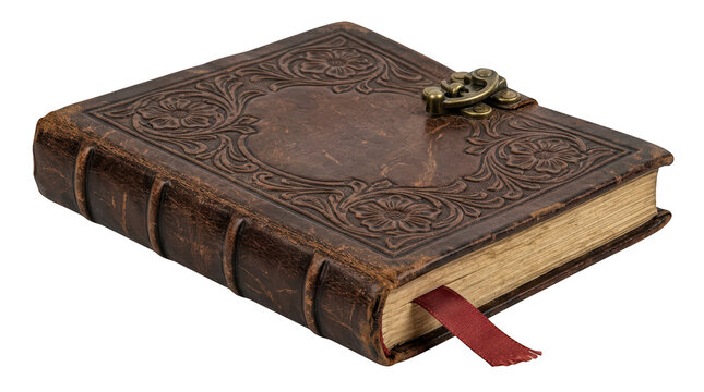 Vintage leather journal with embossed floral patterns isolated on transparent background